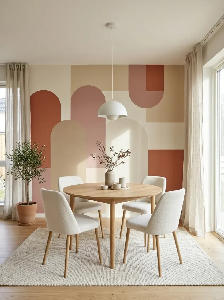  Geometric dining room accent wall with terracotta arches and beige color blocks
