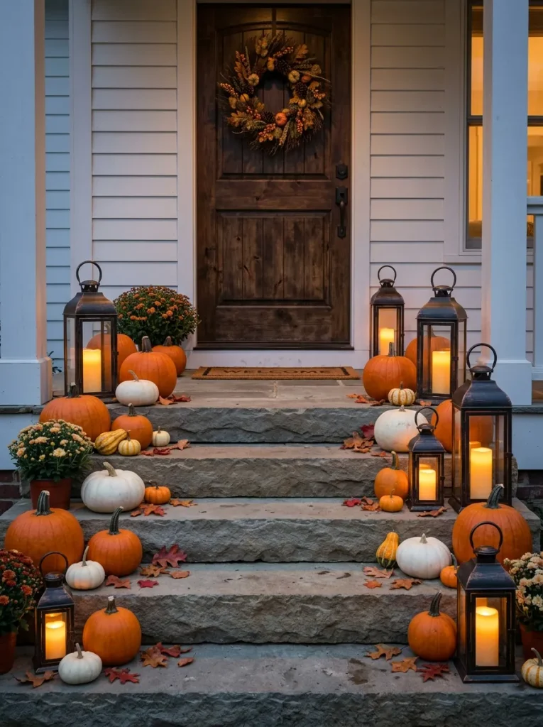 Halloween porch lanterns with flickering LED candles beside autumn pumpkins