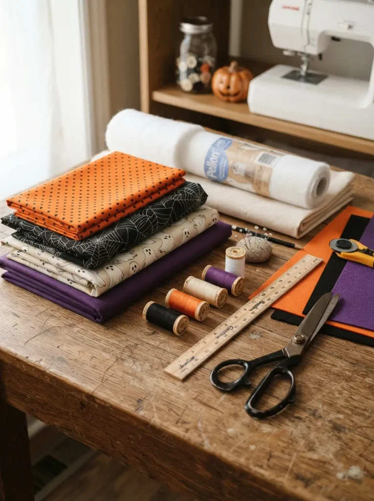 Halloween fabric arranged on table