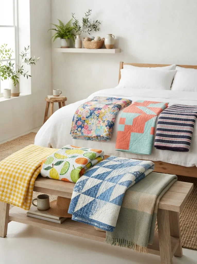 Handmade quilts displayed on ben