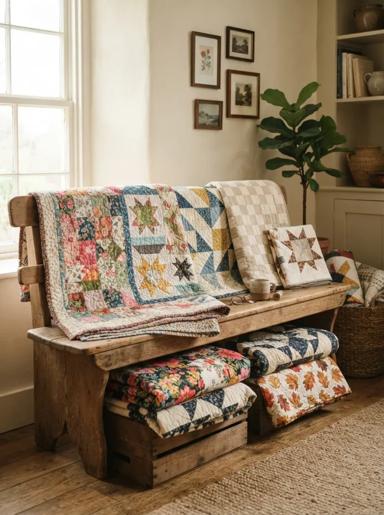 Handmade quilts on wooden