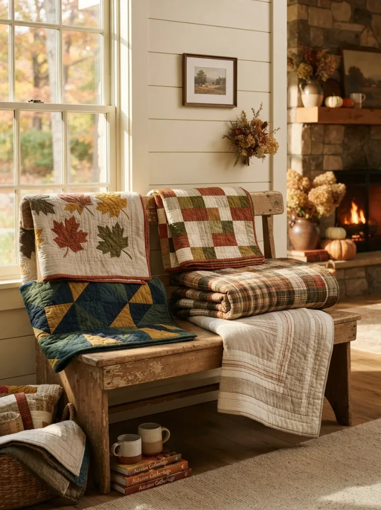 12 fall quilt pattern ideas displayed on wooden bench