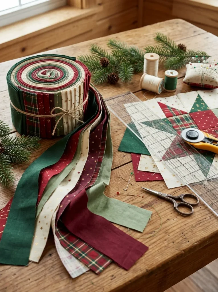  Jelly roll Christmas quilt pattern ideas with festive fabric strips and sewing supplies.