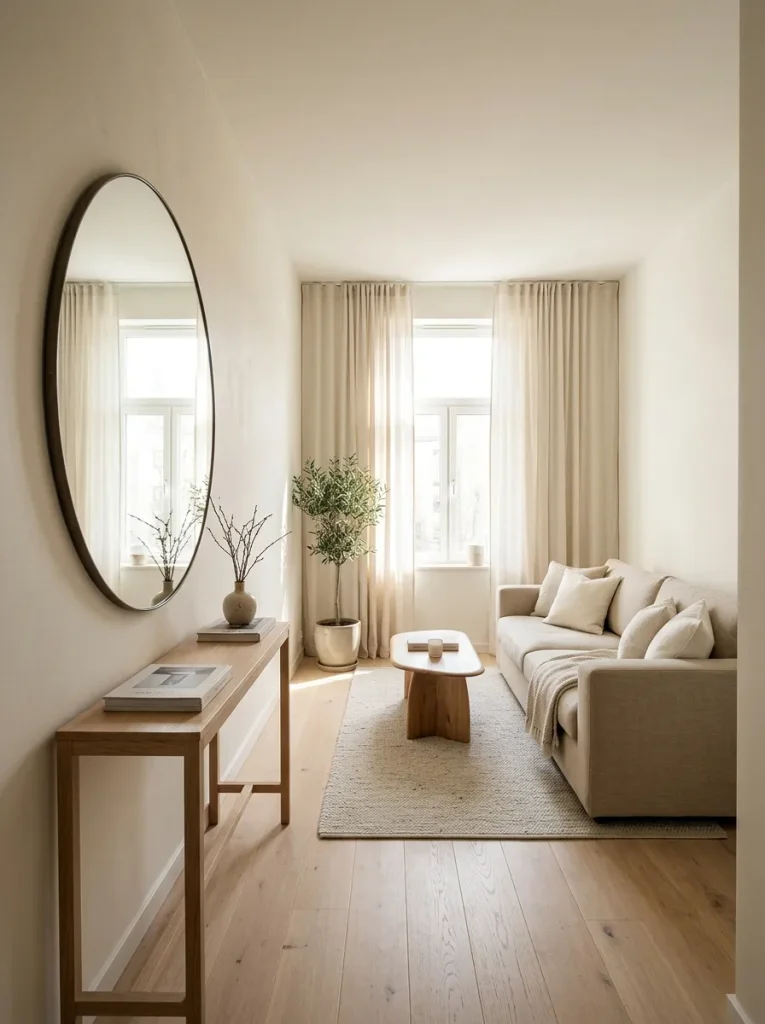 Large decorative mirror reflecting natural light in a narrow living room