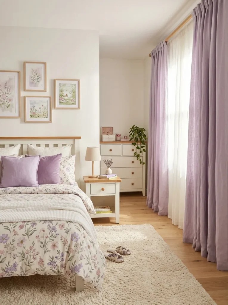 Lavender girls bedroom curtains coordinated with floral bedding and white furniture