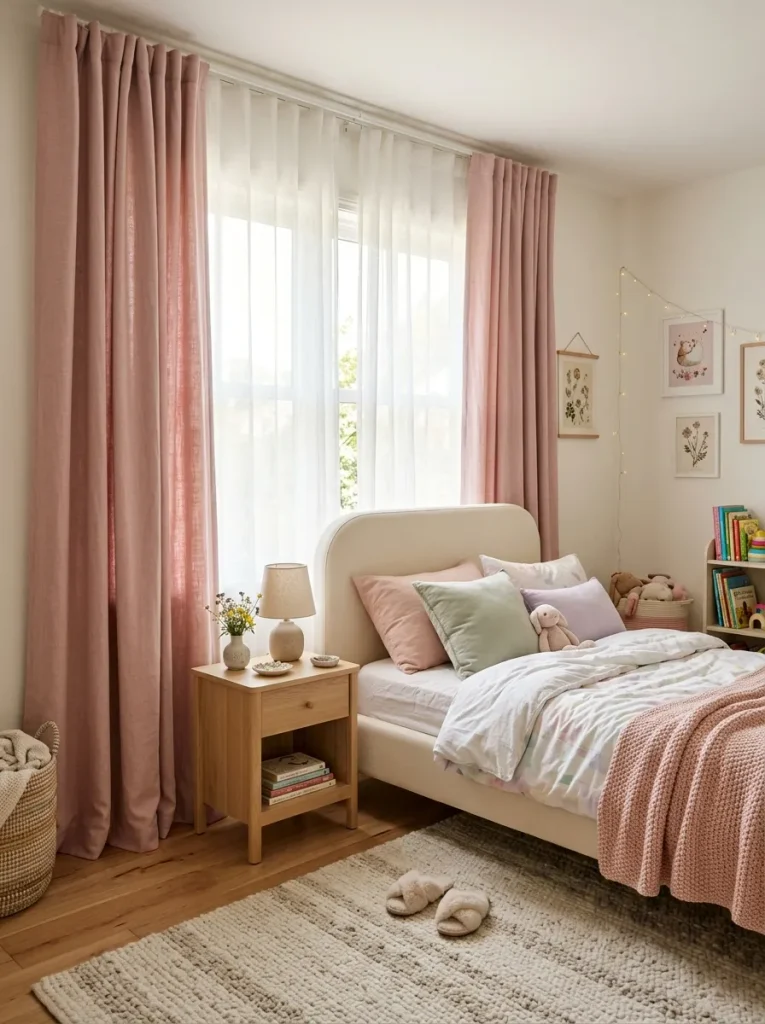 Layered pink blackout and white sheer curtains for girls bedroom privacy