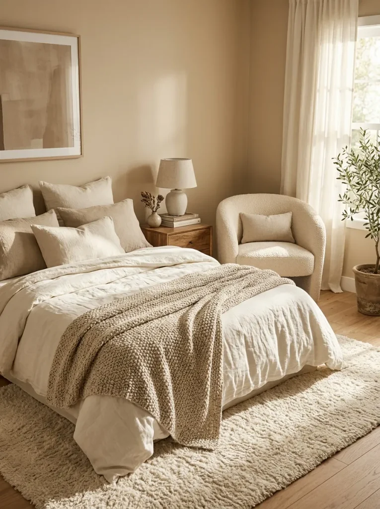 Layered bedroom with neutral decor