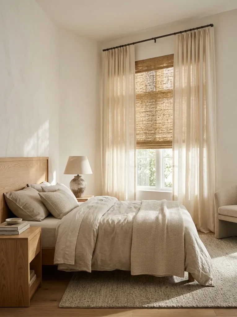  Layering blinds with light filtering curtains to soften natural light while improving bedroom privacy.