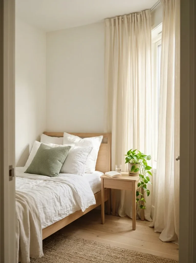 Light filtering curtains to soften natural light in a small bedroom while maintaining an airy appearance.