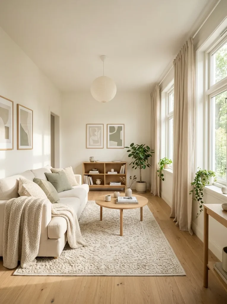 Light wall colors and neutral furniture making a narrow living room appear wider