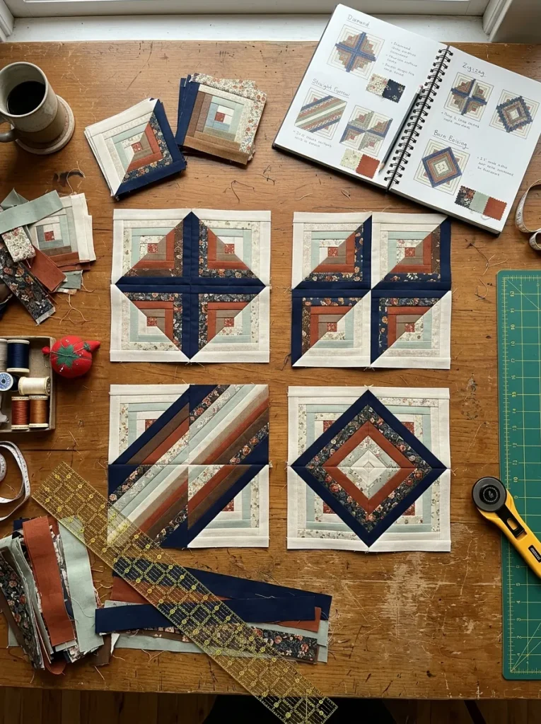 Log cabin quilt pattern ideas showing diamond, zigzag, and barn-raising quilt block layouts.