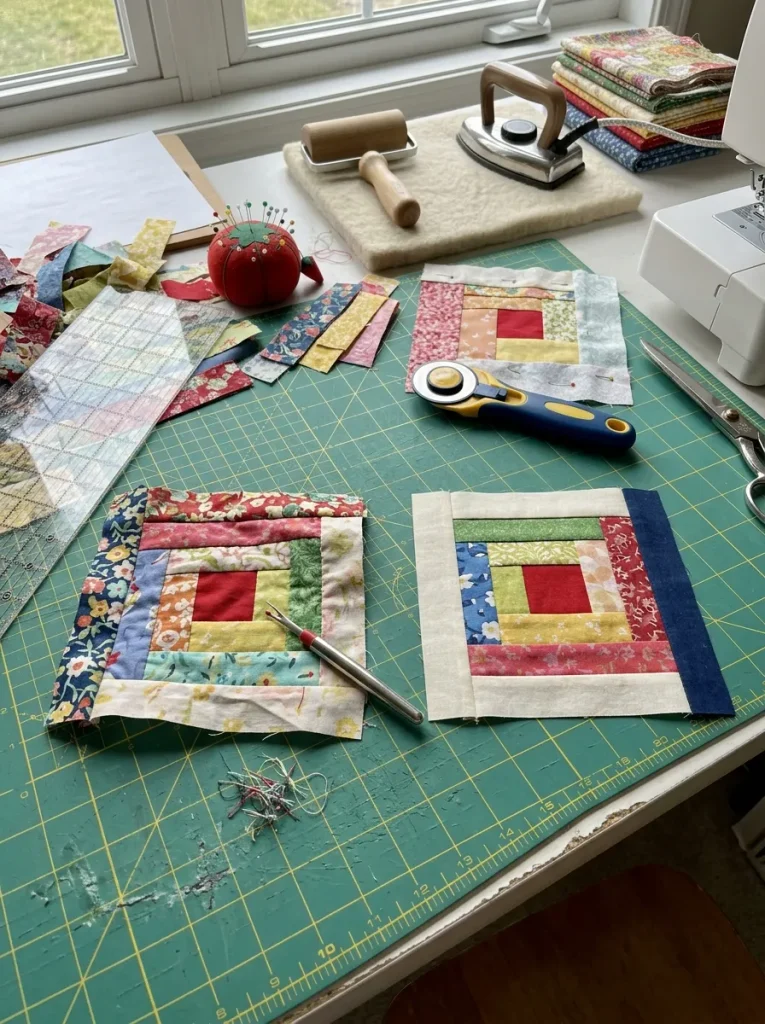 Log cabin quilt pattern ideas showing fabric cutting, block trimming, and sewing tools.