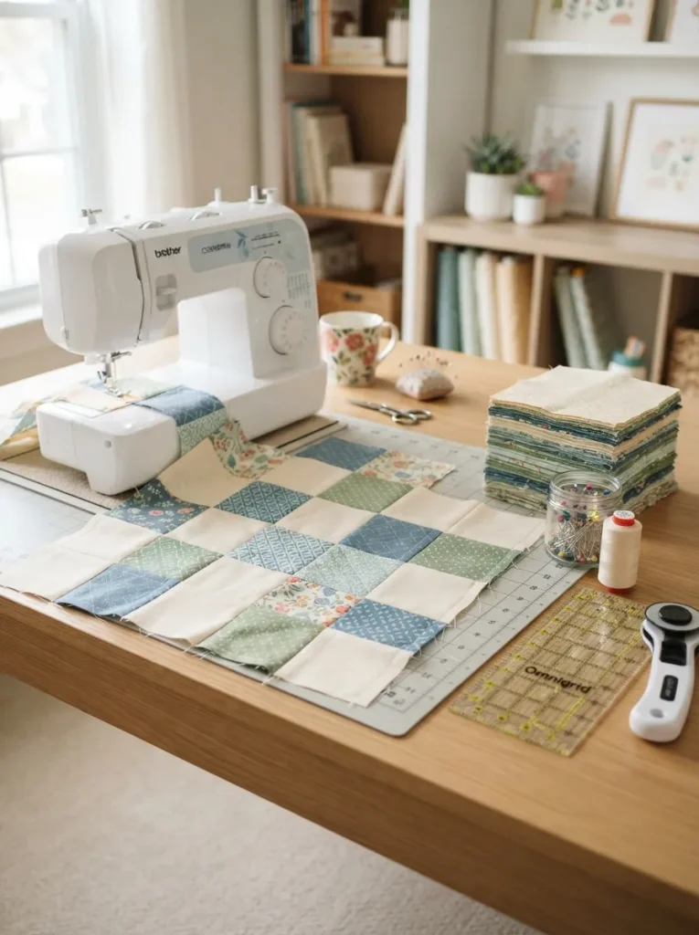 Making patchwork quilt with sewing