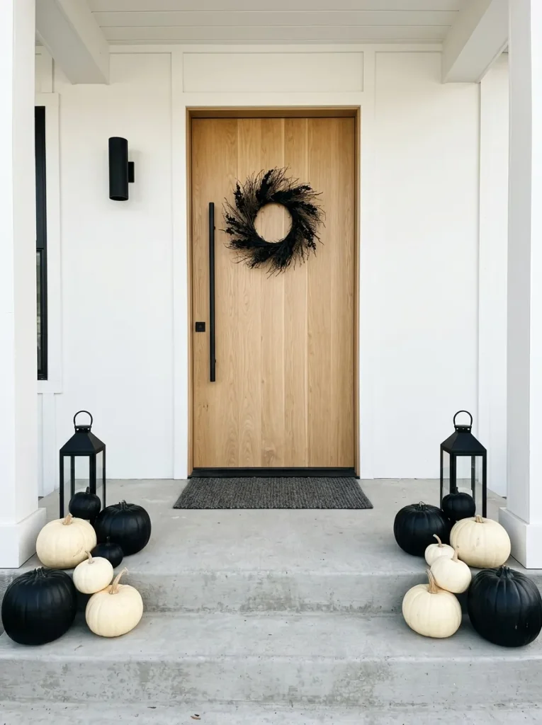 Minimalist black and white Halloween porch with pumpkins and modern lanterns