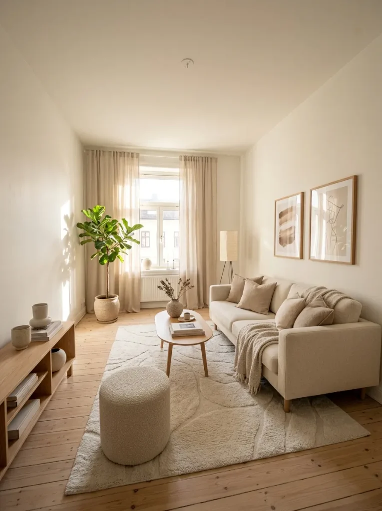 Minimalist living room accessories and neutral decor creating an airy narrow space