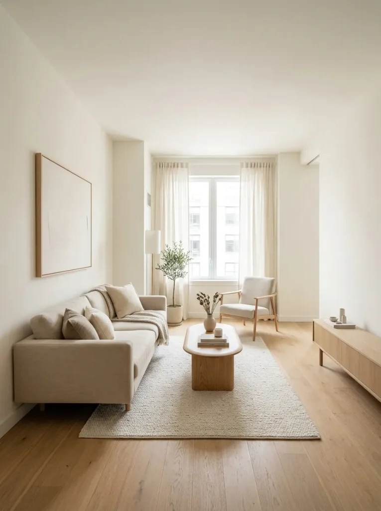 Narrow living room furniture layout with clear walkway and space-saving seating
