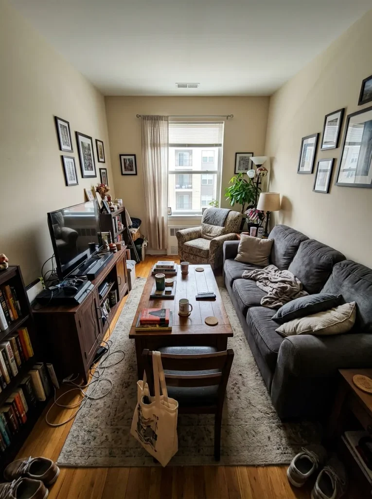 Narrow living room with oversized furniture and limited walking space
