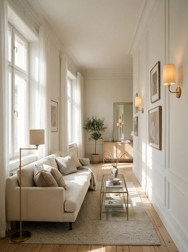 Natural daylight and layered lighting brightening a long narrow living room