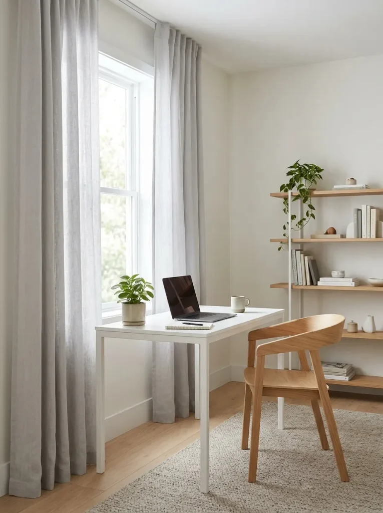 Pale gray light filtering curtains to soften natural light and reduce glare in a modern home office.