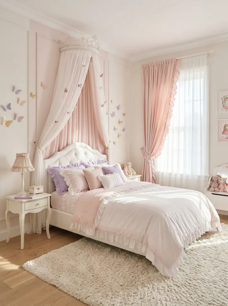 Princess-inspired girls bedroom curtains with flowing pink sheers and elegant ruffles