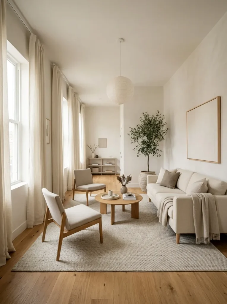 Properly sized area rug and floor-length curtains in a narrow living room