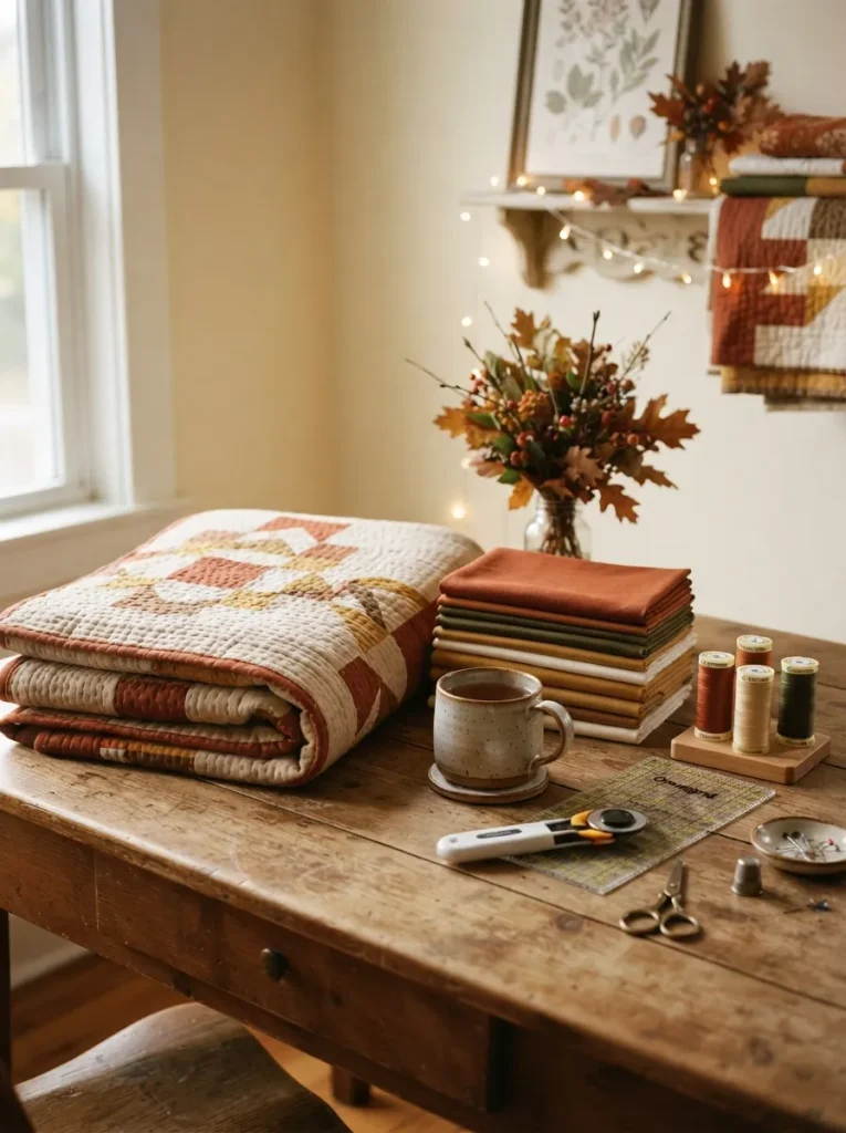 12 fall quilt pattern ideas with quilt fabrics and tools