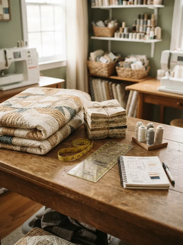 Quilt and sewing supplies on