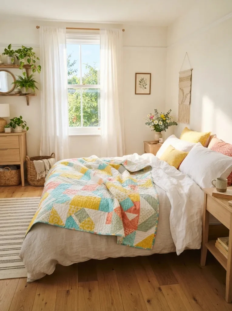 Quilt on bedroom bed