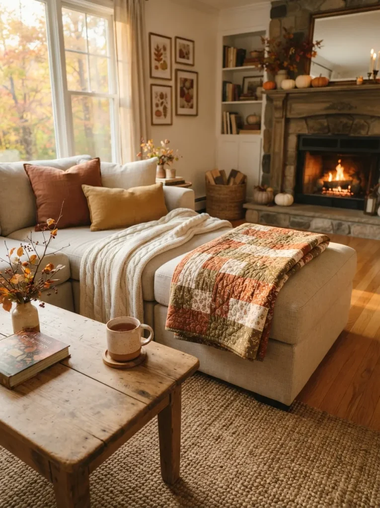 12 fall quilt pattern ideas styled in cozy living room