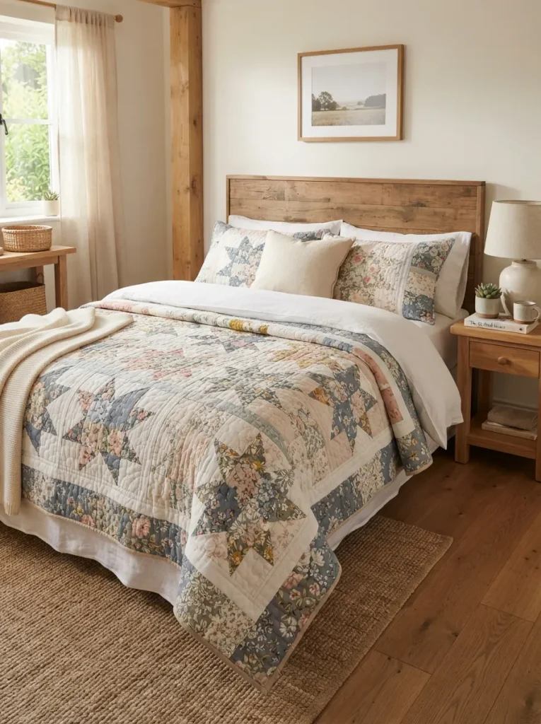 Quilt spread neatly on bed