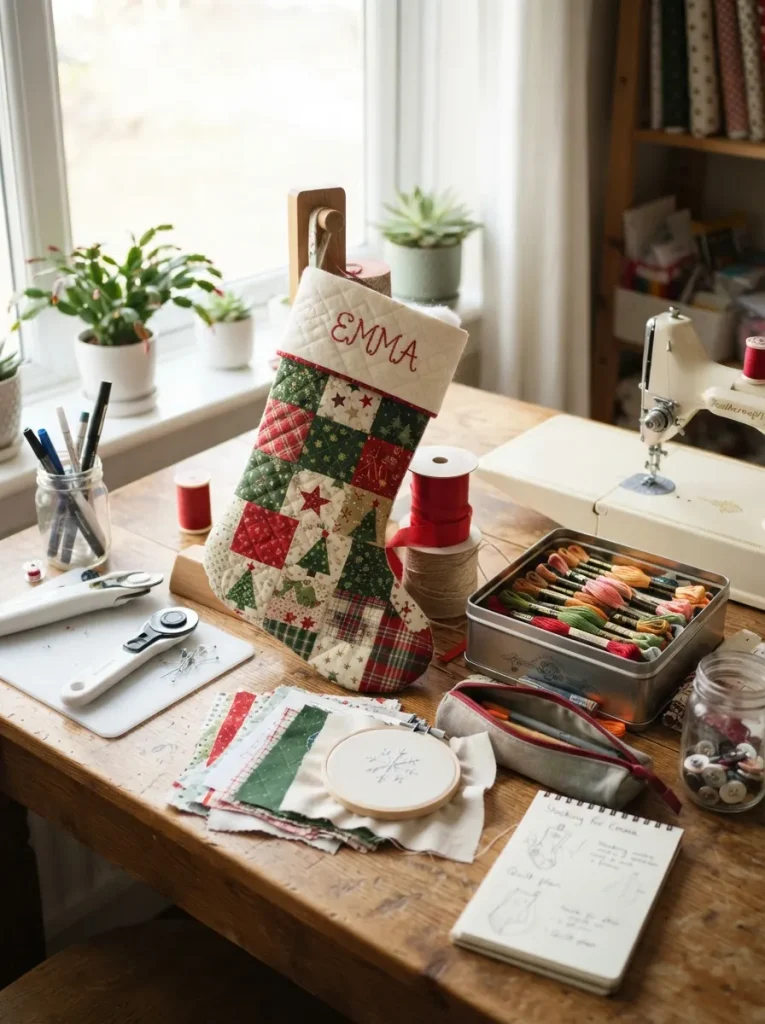 Finished handmade quilted Christmas stocking