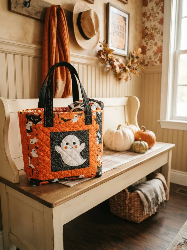 Quilted Halloween tote on bench