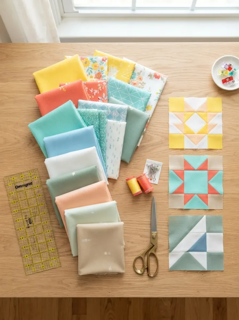 Quilting materials on wood table