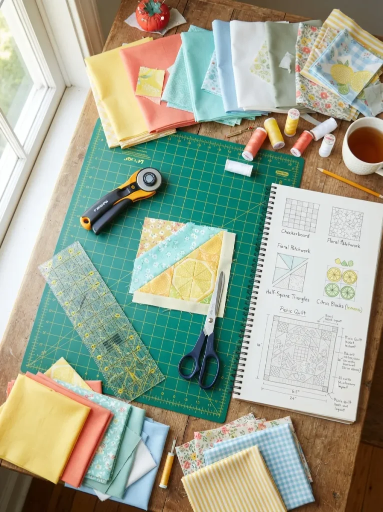 Quilting workspace with fabrics