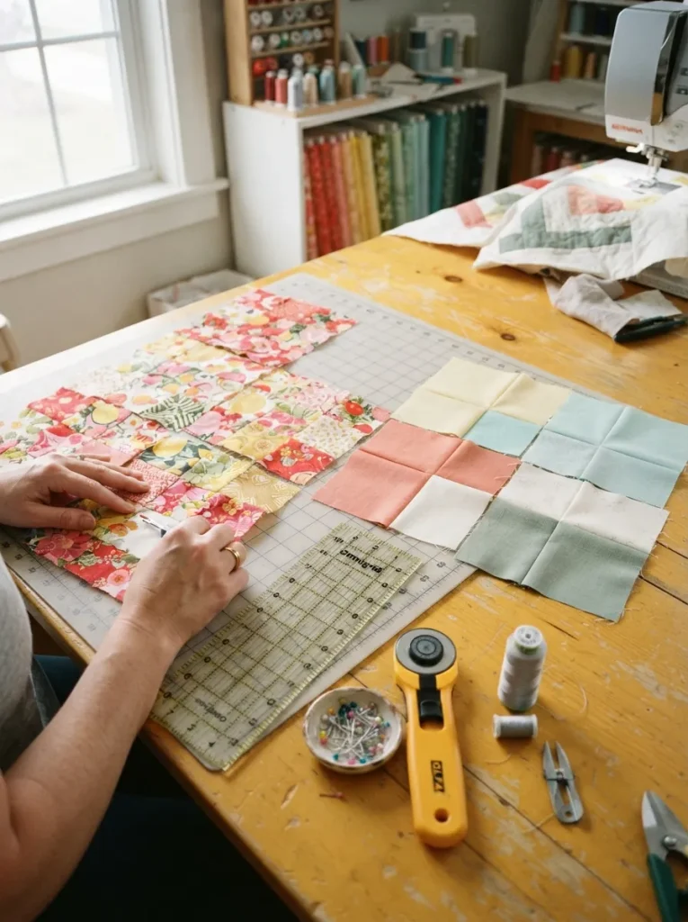 Quilting workspace with fabric