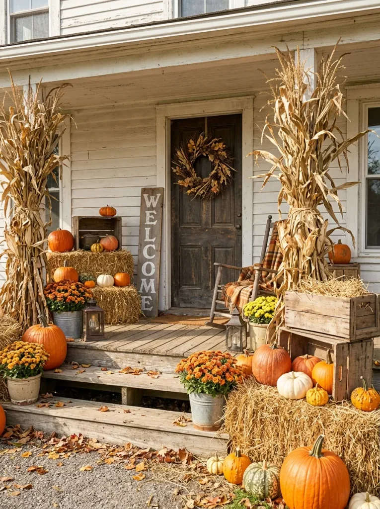 Rustic Halloween porch with hay bales, pumpkins, and farmhouse autumn decorations