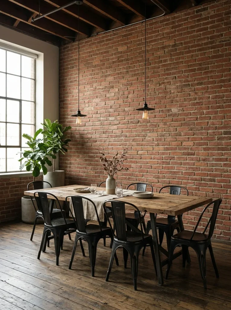  Rustic exposed red brick dining room accent wall with reclaimed wood furniture.