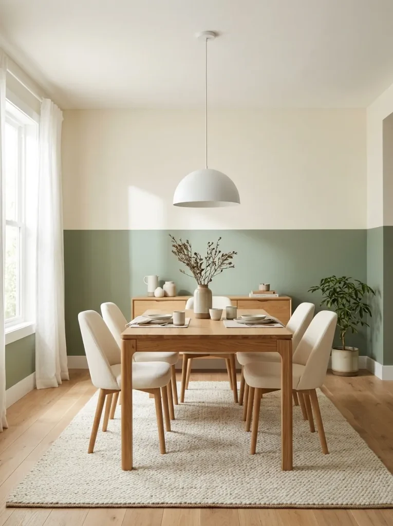  Sage green and ivory two-tone dining room accent wall with oak furniture.