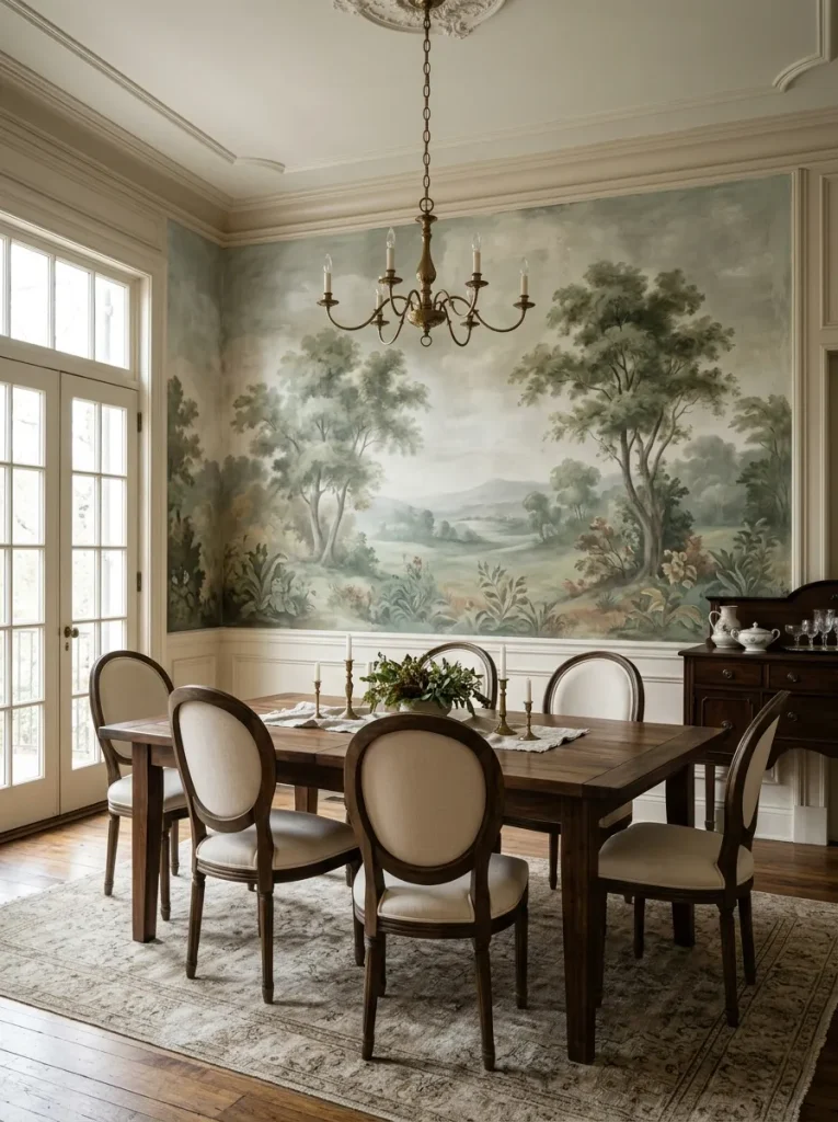 Scenic landscape mural accent wall behind an elegant walnut dining table