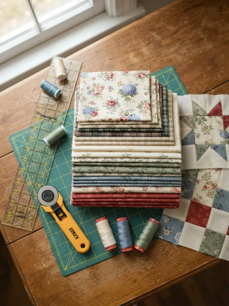 Sewing table with fabric squares