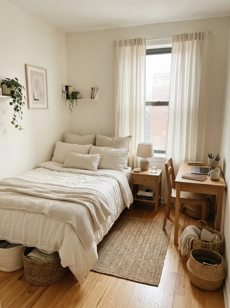 Small organized bedroom with_bed