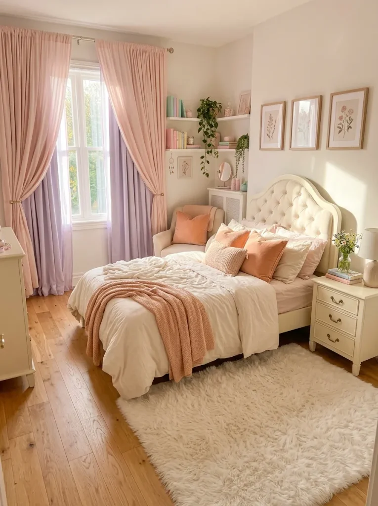 Soft pastel girls bedroom curtains in blush pink, lavender, and peach.