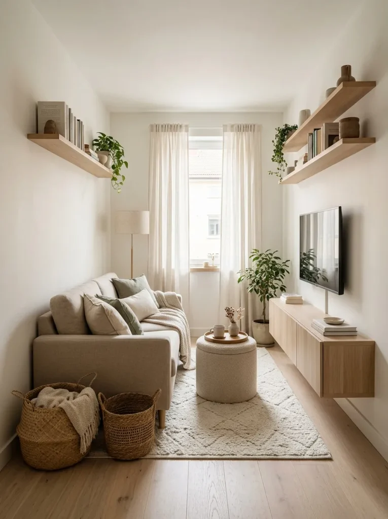 Space-saving wall shelves and hidden storage in a narrow living room