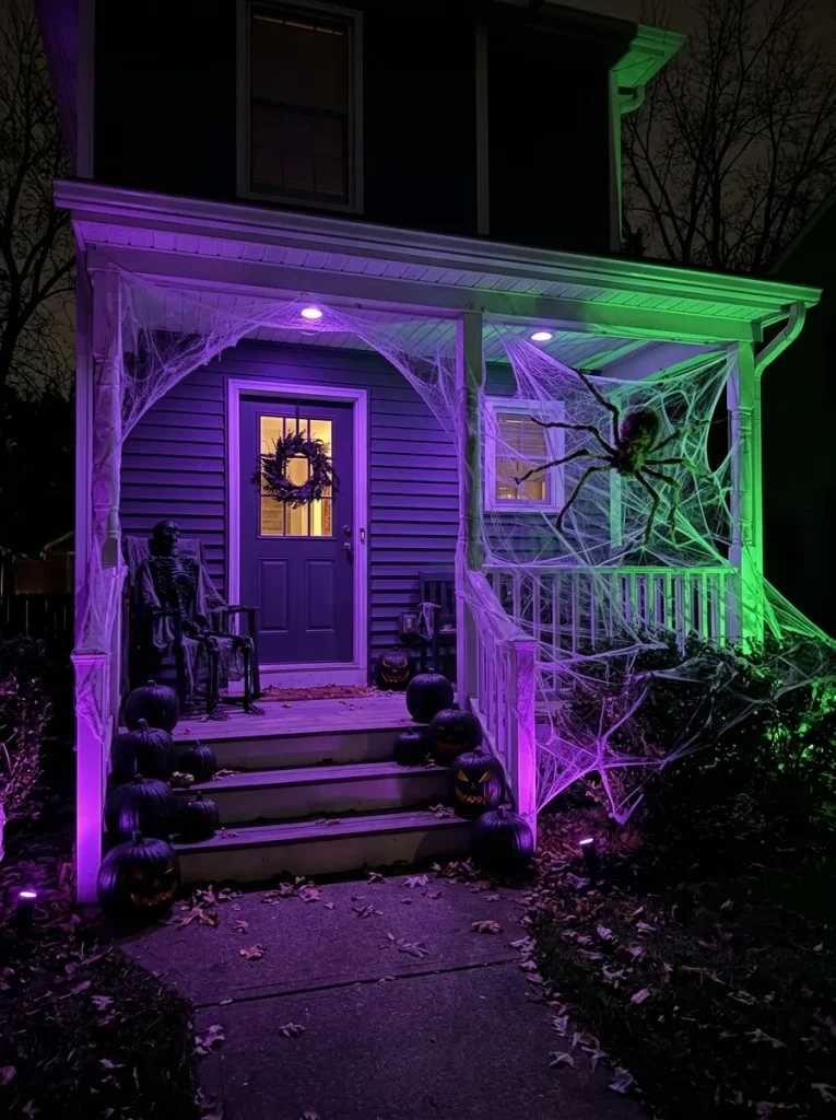 Spooky Halloween front porch illuminated with purple and green LED lights.