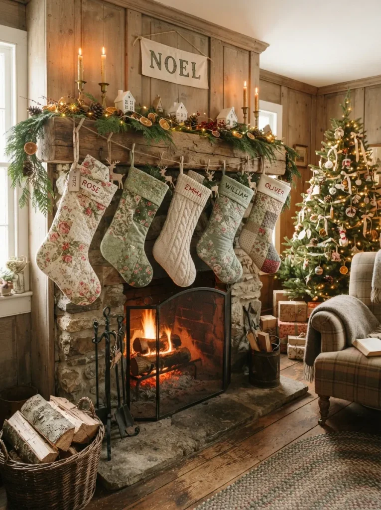 handmade quilted stockings hanging beside a small fireplace