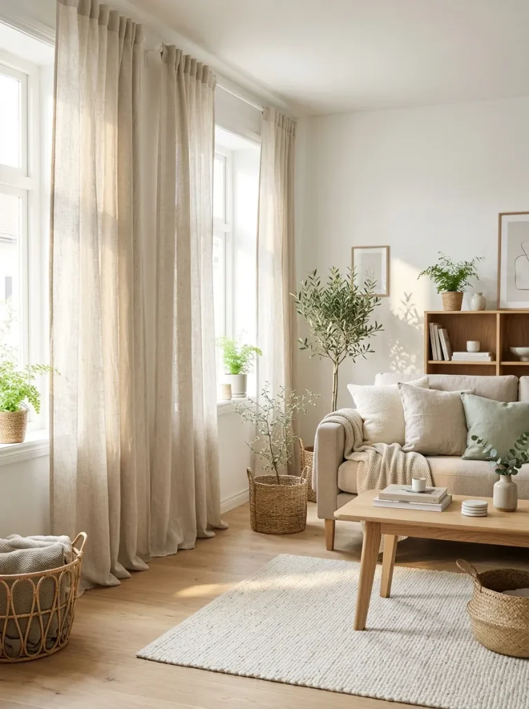 Textured linen-look light filtering curtains to soften natural light in a Scandinavian living room.