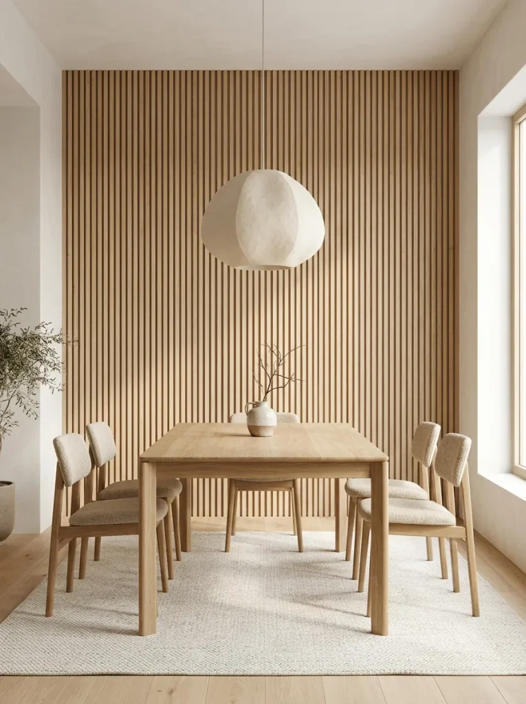 Vertical oak slat accent wall in a modern Japandi dining room