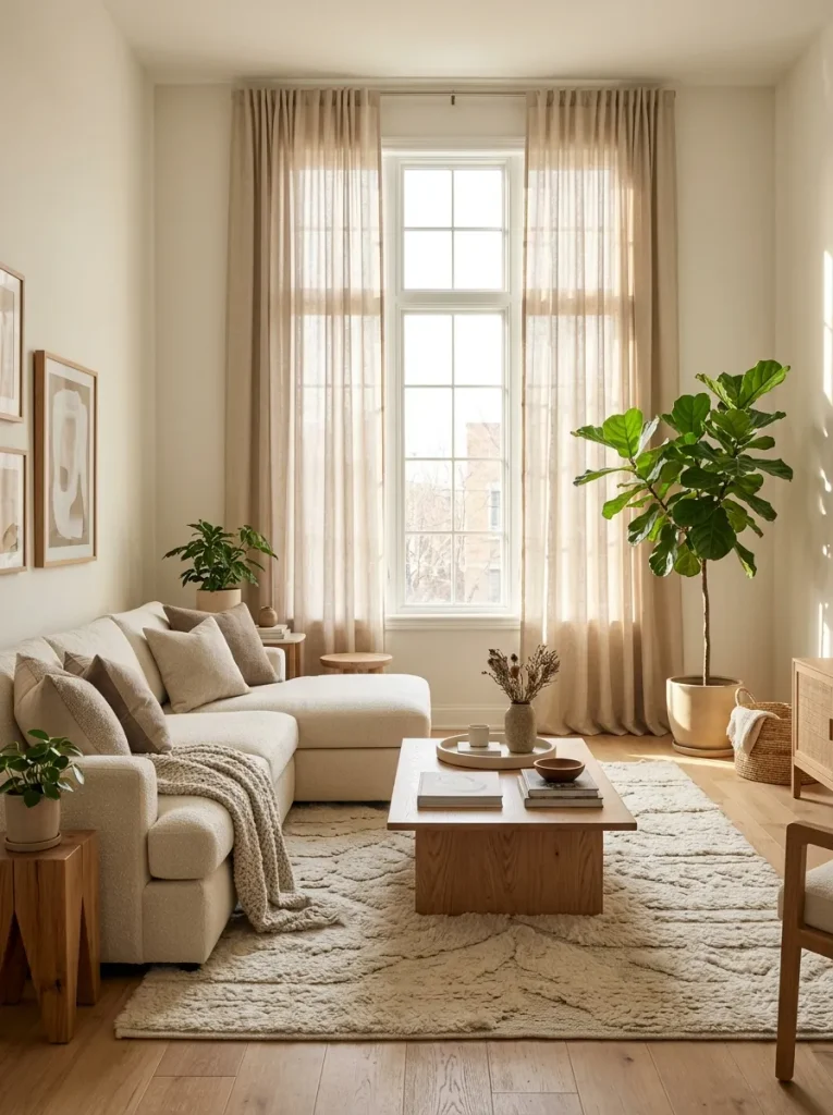 Warm beige light filtering curtains to soften natural light in an elegant earthy living room.