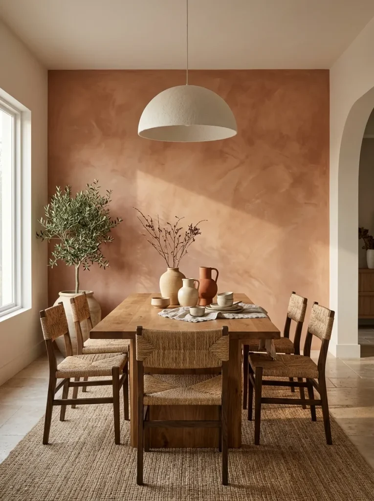 Warm terracotta limewash dining room accent wall with natural oak furniture