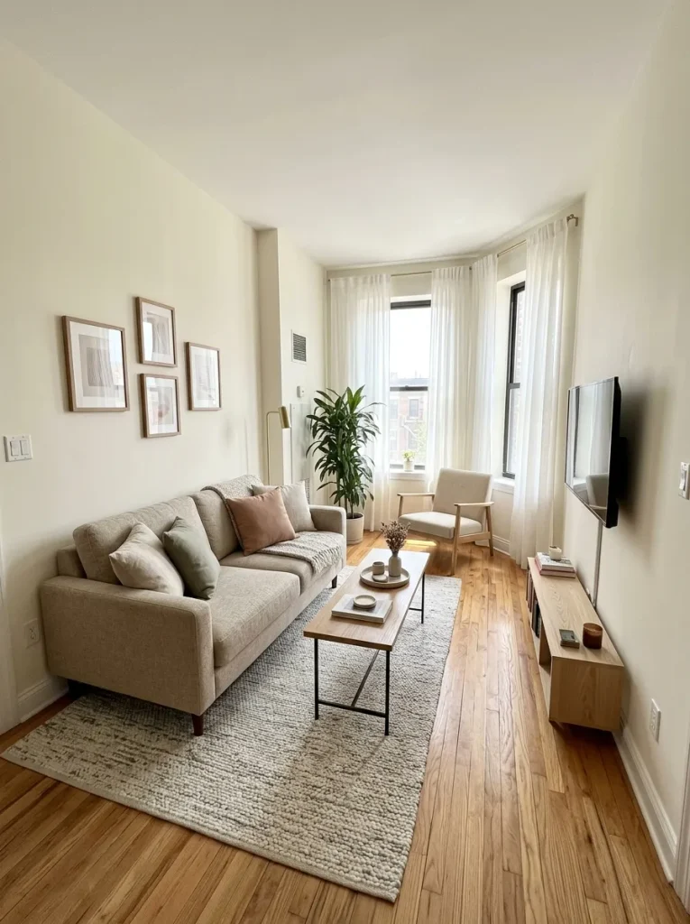 Well-arranged narrow living room avoiding oversized furniture and cluttered walkways